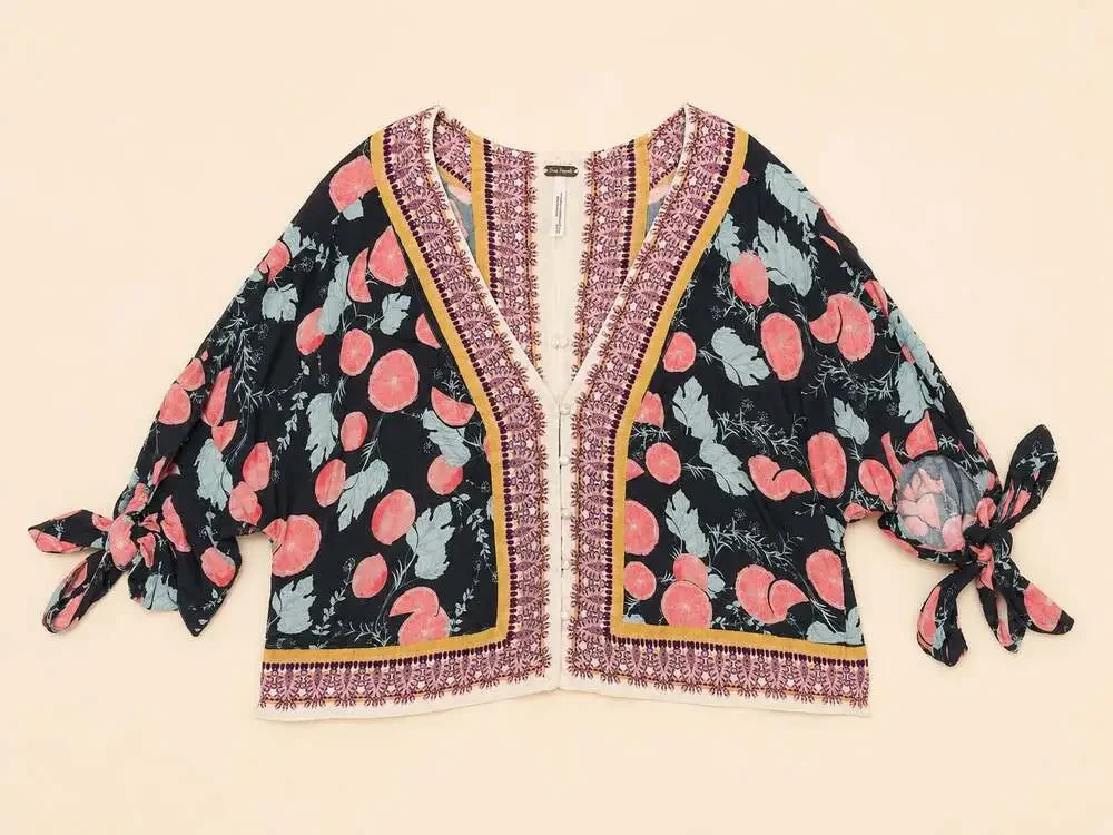 Free People Peach Print Boho Tie Sleeve Kimono Top Size M Festival